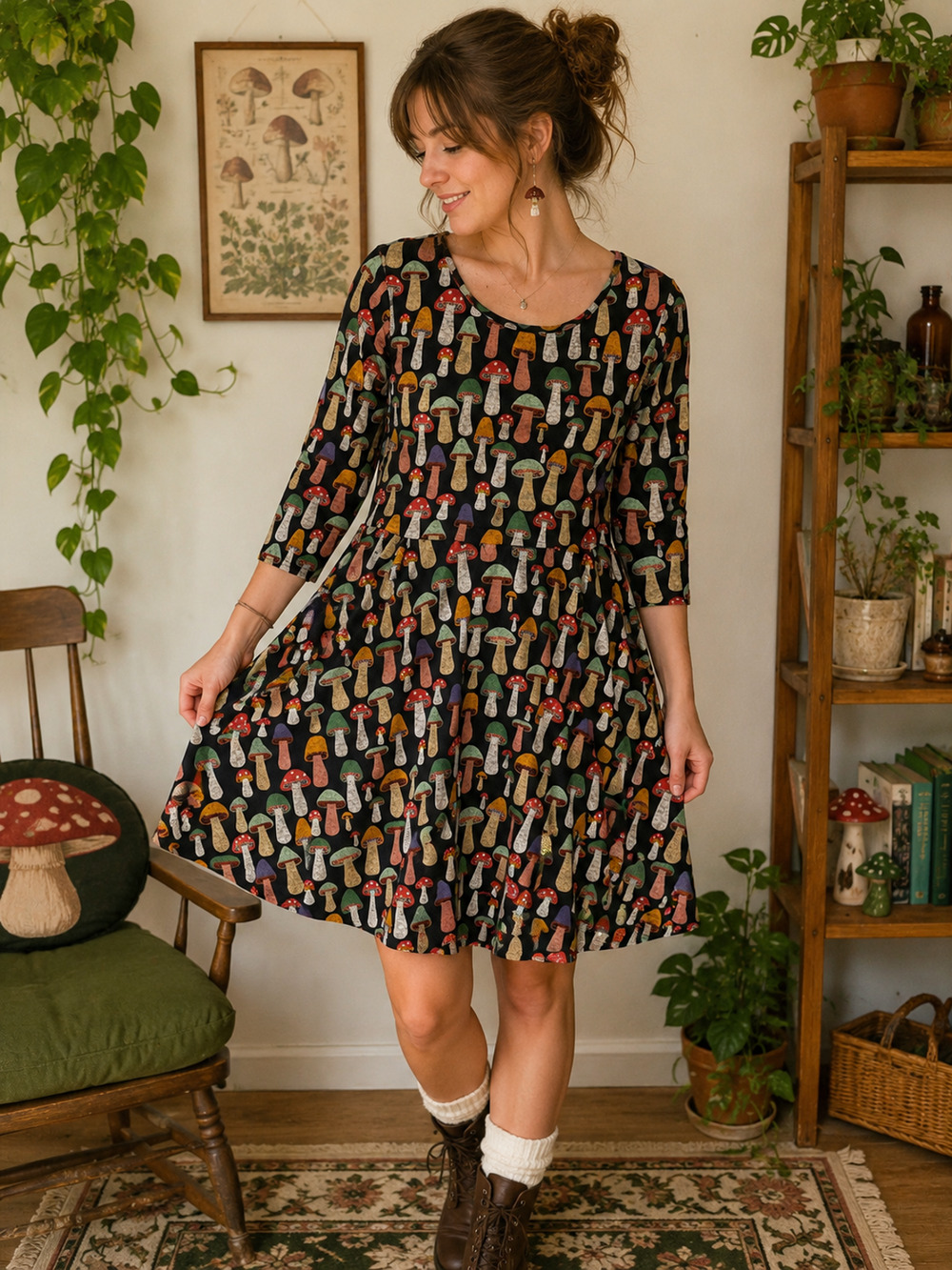 LA Soul Mushroom Print Fit Flare Sweater Dress Women's M Cottagecore Fairycore